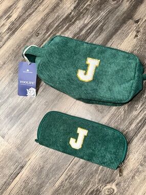 YOOLIFE Corduroy Makeup Bag Set Monogram J Cosmetic Travel Pouch Green NWT
